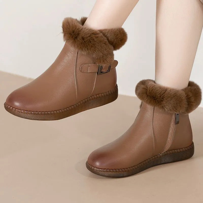 Sapatos de couro legítimo macio botas de lã femininas