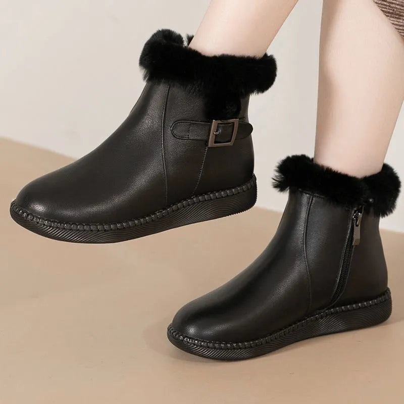 Sapatos de couro legítimo macio botas de lã femininas