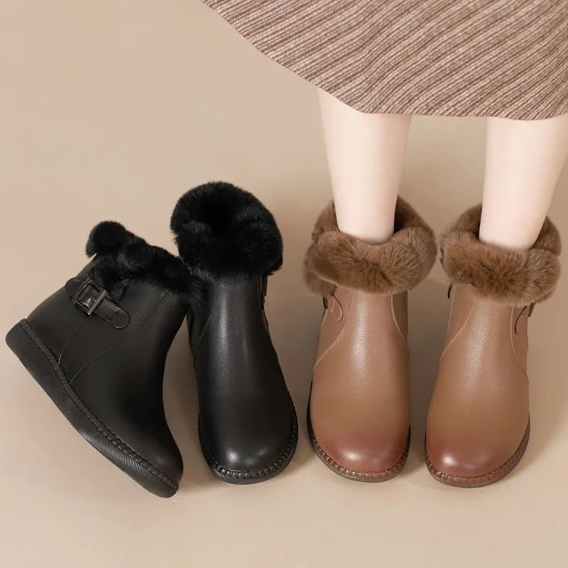 Sapatos de couro legítimo macio botas de lã femininas